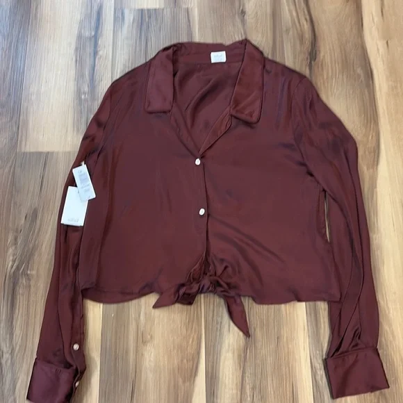 Aritzia Elegant NWT size small  truffle  tie front Satin Blouse - Picture 4 of 4